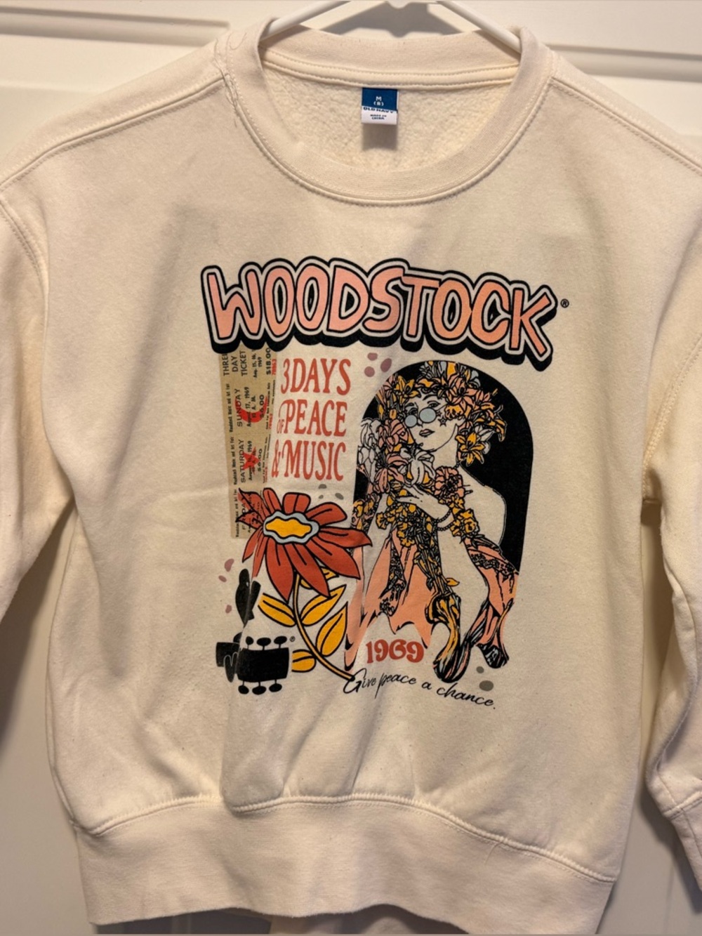 Old Navy Cream Woodstock Graphic Sweatshirt with Pink & Black Print
